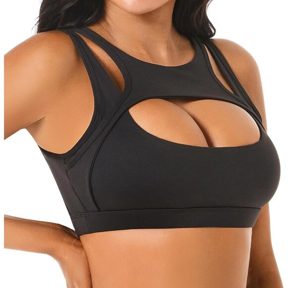 🆕Women Black Nylon Push Up Sports Bra  Hollow Crop Top Removable Cups Medium - Picture 1 of 7